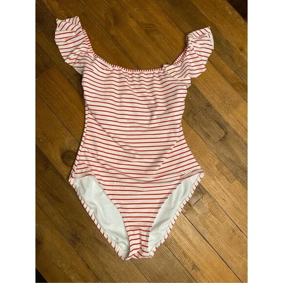 Vince Camuto Swim 8 one piece swimsuit red white striped ruffles off shoulder - Picture 2 of 6